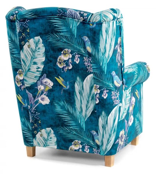 Křeslo ušák AS s taburetem - vzor Bird, modrá/přírodní (bird navy blue an 4035)