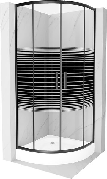 Mexen Rio, čtvrtkruhový sprchový kout s posuvnými dveřmi 70 (dveře) x 70 (dveře) x 190 cm, 5mm čiré sklo s pásky, černý profil + bílá sprchová vanička RIO, 863-070-070-70-20-4710