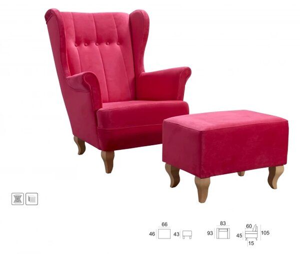 Křeslo ušák Royal s taburetem, růžová (solo / přírodní)