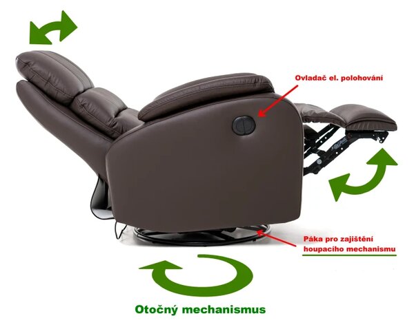 Kožené houpací křeslo s elektrickým polohováním ELEGANT 1, tm. hnědá