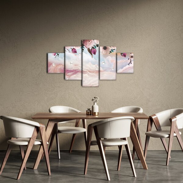 Obraz růžových květů s růžovým mramorem (125x70 cm)