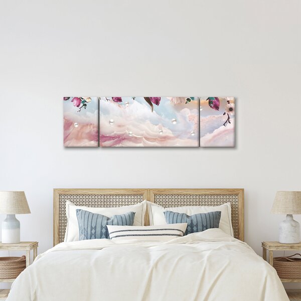 Obraz růžových květů s růžovým mramorem (170x50 cm)