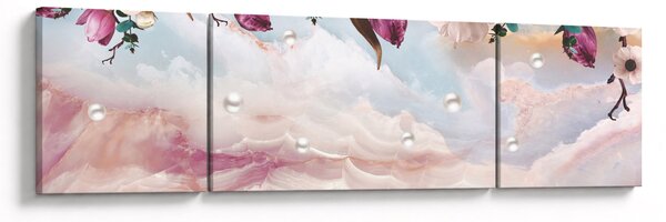 Obraz růžových květů s růžovým mramorem (170x50 cm)