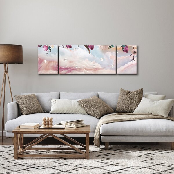 Obraz růžových květů s růžovým mramorem (170x50 cm)