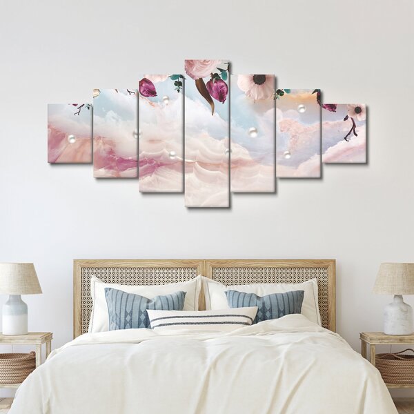 Obraz růžových květů s růžovým mramorem (210x100 cm)