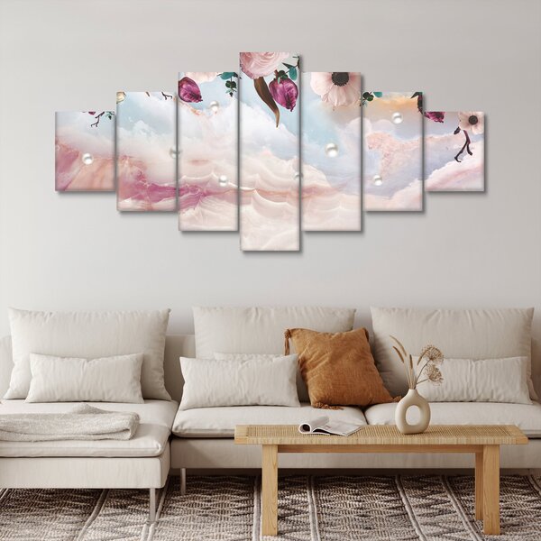 Obraz růžových květů s růžovým mramorem (210x100 cm)