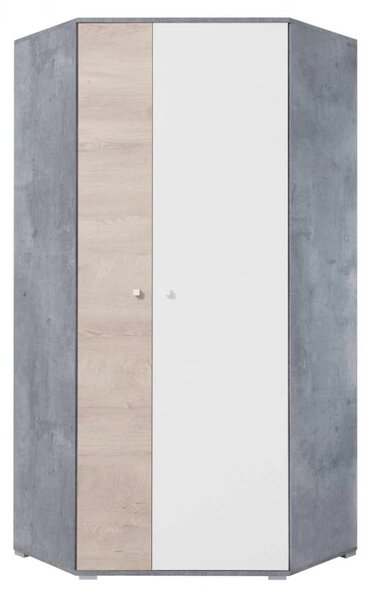 Rohová šatní skříň Sigma 2, bílá mat/beton/dub