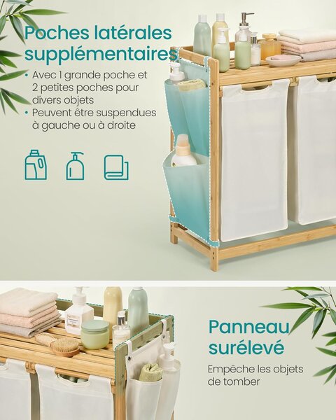 SONGMICS Koš na prádlo 2D s bambusovým rámem a policí 100 l béžová