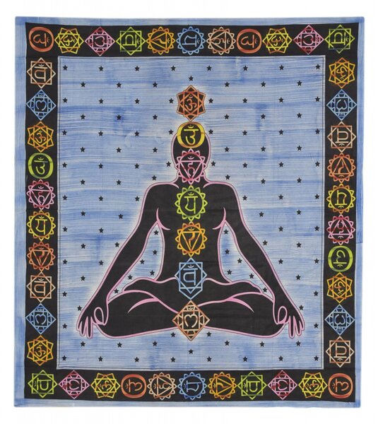 Přehoz na postel, Chakra Yoga, modrý, černý tisk, 210x200cm
