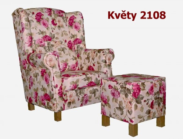 Křeslo Ušák AS vintage s podnožkou v květinovém vzoru, květinový vzor / přírodní (2108)