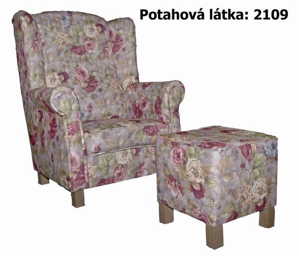Křeslo Ušák AS vintage s podnožkou v květinovém vzoru, květinový vzor / přírodní (2108)