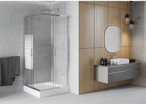 Mexen Rio čtvercová sprchová kabina 90 x 90 cm, bílé pruhy, chrom + sprchová vanička, bílá - 860-090-090-01-20-4510