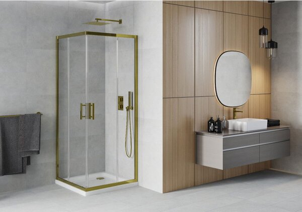 Mexen Rio čtvercový sprchový kout 80 x 80 cm, transparentní, zlatý + Flat vanička, bílá - 860-080-080-50-00-4010G