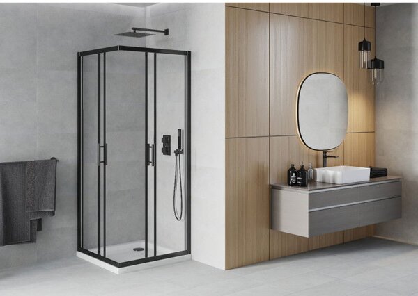 Mexen Rio čtvercový sprchový kout 90 x 90 cm, transparentní, černý + sprchová vanička Flat, bílá - 860-090-090-70-00-4010B