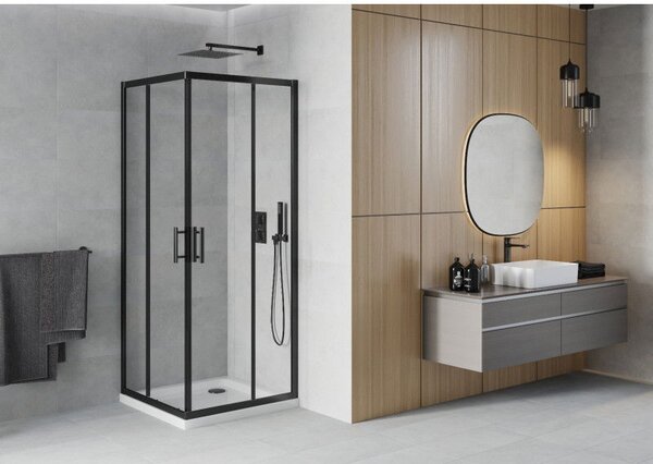 Mexen Rio čtvercový sprchový kout 90 x 90 cm, transparentní, černý + sprchová vanička Flat, bílá - 860-090-090-70-00-4010B