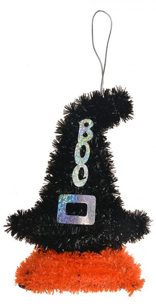 Halloweenská dekorace černá čarodějnická čepice s nápisem Boo – 12x3x15 cm