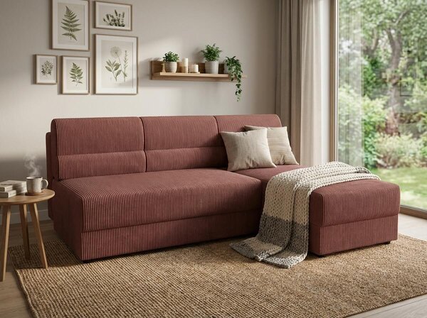 Rozkládací oboustranná sedací souprava do L TAVERO SLIM 201x140 cm, tmavě růžová