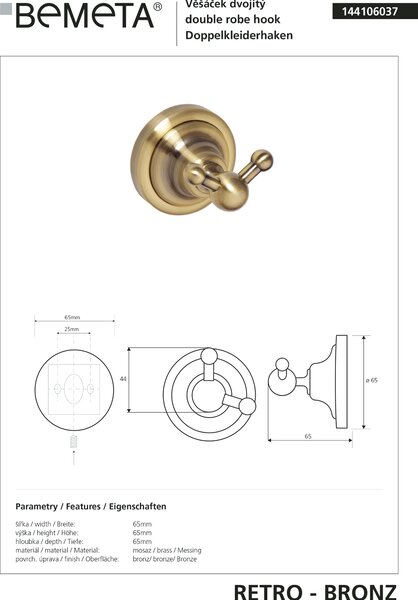 Bemeta Design RETRO bronz: Háček, dvojitý - 144106037