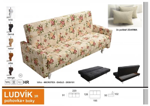 Pohovka LUDVÍK II s bočnicemi, levandule/dřevo: bílé (lawenda 3741/104)
