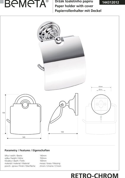 Bemeta Design RETRO chrom: Držák toaletního papíru, s krytem - 144312012