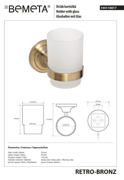 Bemeta Design RETRO bronz: Držák kartáčků, sklo - 144110017