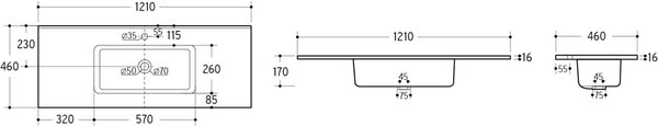 Comad Nábytkové keramické umyvadlo GO 120/DP-8095, 121x46 cm, bílá lesklá