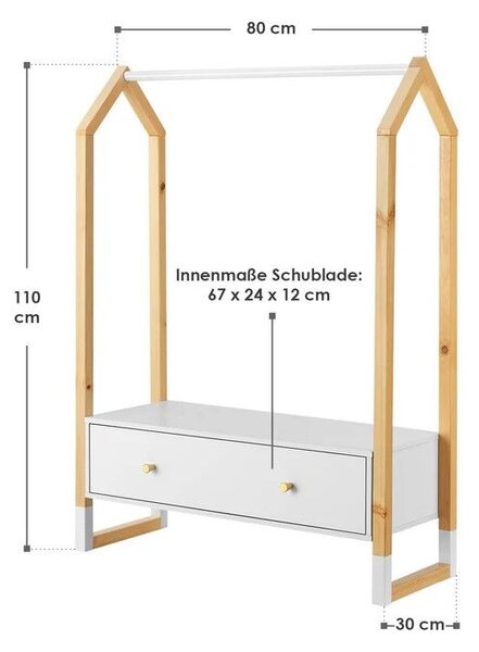 Dětský věšák na oblečení bílý s přírodními prvky a zásuvkou