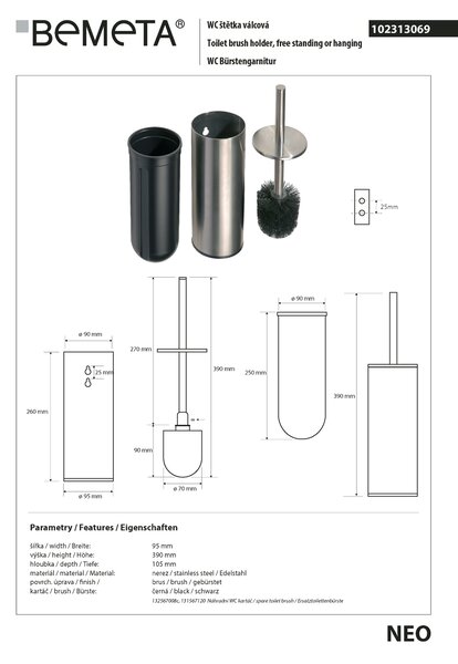 Bemeta Design NEO: WC štětka, na postavení/pověšení, nerez, plast - 102313069