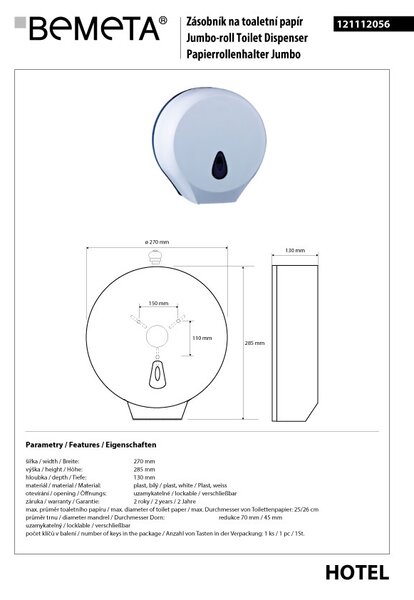 Bemeta Design Zásobník toaletního papíru, plast bílý - 121112056