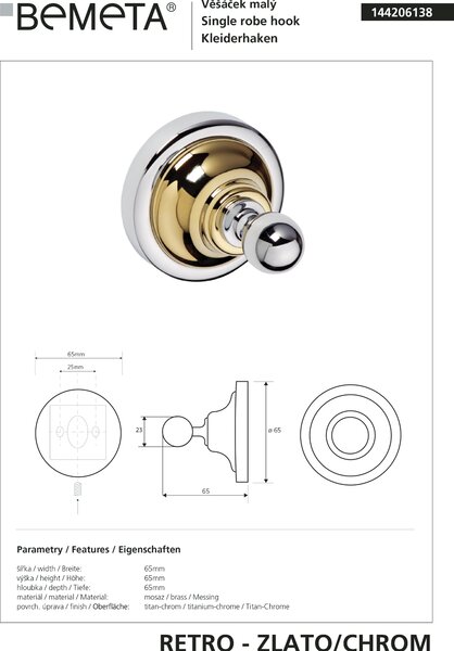 Bemeta Design RETRO gold-chrom: Háček - 144206138