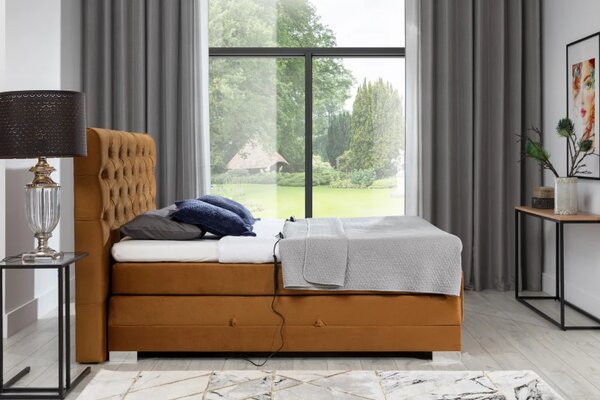 Kontinentální postel CARLINO boxspring s elektrickým polohováním 200x180, hořčicová (Monolith 48)