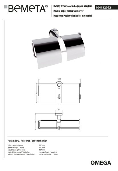 Bemeta Design OMEGA: Držák toaletního papíru, dvojitý, s krytem - 104112092