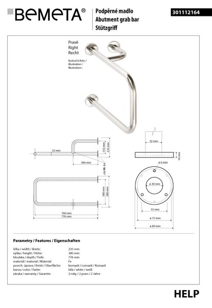 Bemeta Design HELP: Madlo, s dvojitým kotvením, pravé, bez krytky, bílá - 301112164