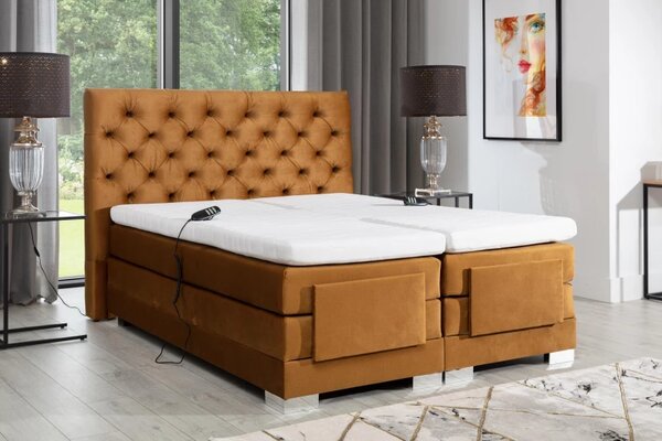 Kontinentální postel CARLINO boxspring s elektrickým polohováním 200x180, hořčicová (Monolith 48)