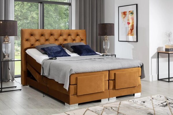 Kontinentální postel CARLINO boxspring s elektrickým polohováním 200x180, hořčicová (Monolith 48)