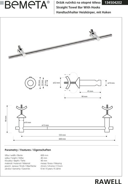 Bemeta Design RAWELL: Držák ručníků na topné těleso, 535 mm, lesk - 134504202