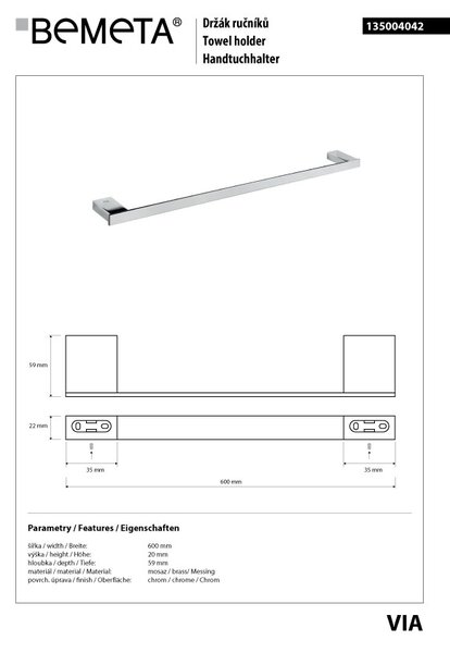 Bemeta Design VIA: Držák ručníků, 565 mm - 135004042