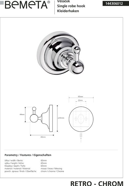 Bemeta Design RETRO chrom: Háček - 144306012