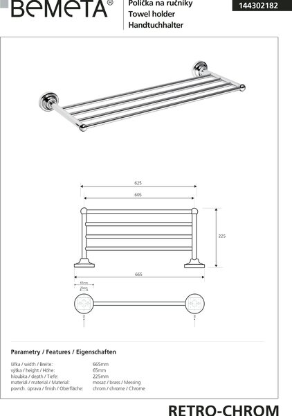 Bemeta Design RETRO chrom: Držák ručníků, 605 mm - 144302182