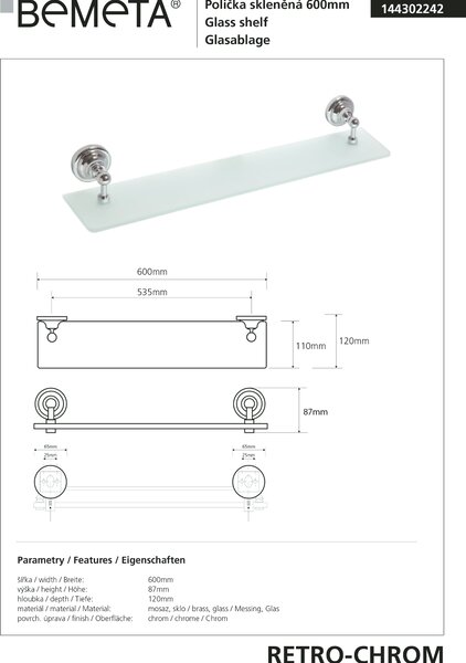 Bemeta Design RETRO chrom: Polička, 600 mm, sklo - 144302242