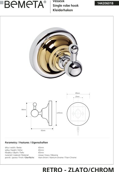 Bemeta Design RETRO gold-chrom: Háček - 144206018
