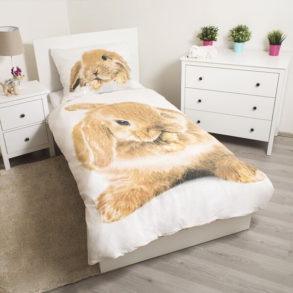 Jerry Fabrics dětské povlečení BUNNY BROWN 3D, zajíček na bílé, fototisk, bavlna hladká, 140x200cm + 70x90cm