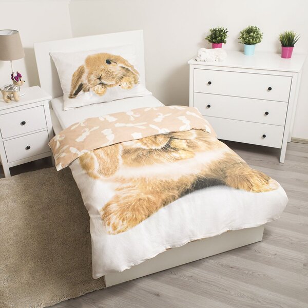 Jerry Fabrics dětské povlečení BUNNY BROWN 3D, zajíček na bílé, fototisk, bavlna hladká, 140x200cm + 70x90cm