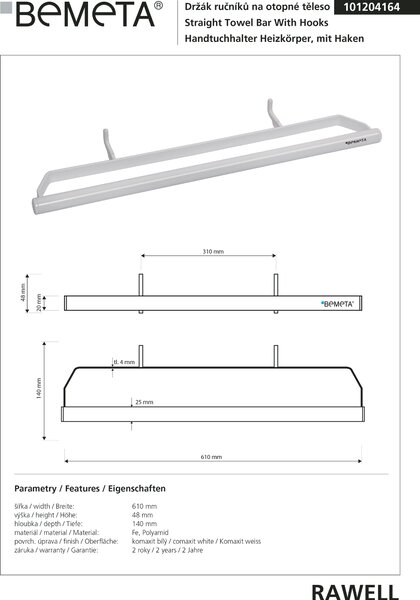 Bemeta Design RAWELL: Držák ručníků na topné těleso, 310 mm, bílý - 101204164