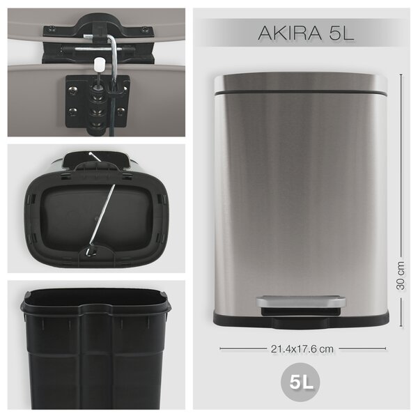 Spirella pedálový odpadkový koš AKIRA, kartáčovaná nerez ocel, 5 L