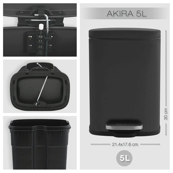 Spirella pedálový odpadkový koš AKIRA, matná černá, ocel, 5 L