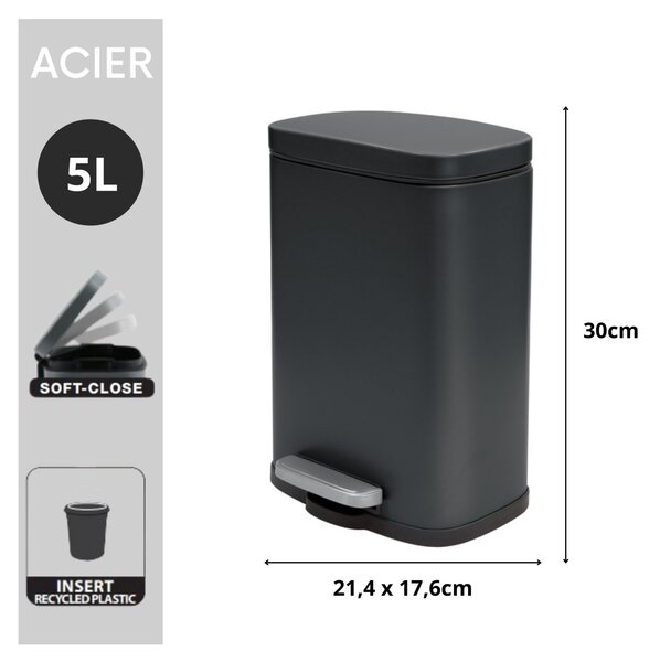 Spirella pedálový odpadkový koš AKIRA, matná černá, ocel, 5 L
