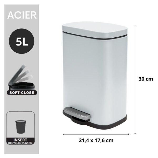 Spirella pedálový odpadkový koš AKIRA, matná bílá, ocel, 5 L