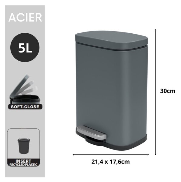 Spirella pedálový odpadkový koš AKIRA, matná šedá, ocel, 5 L