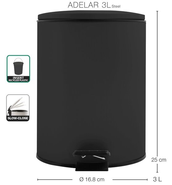 Spirella pedálový odpadkový koš ADELAR, matná černá, ocel, 3 L
